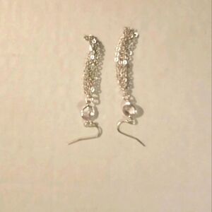 Costume jewelry crystal dangle earrings w silver strands